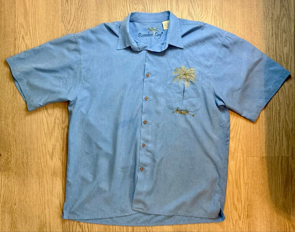 Bamboo Cay Embroidered Palm Tree Button‑Up Shirt – Light Blue – Size XL